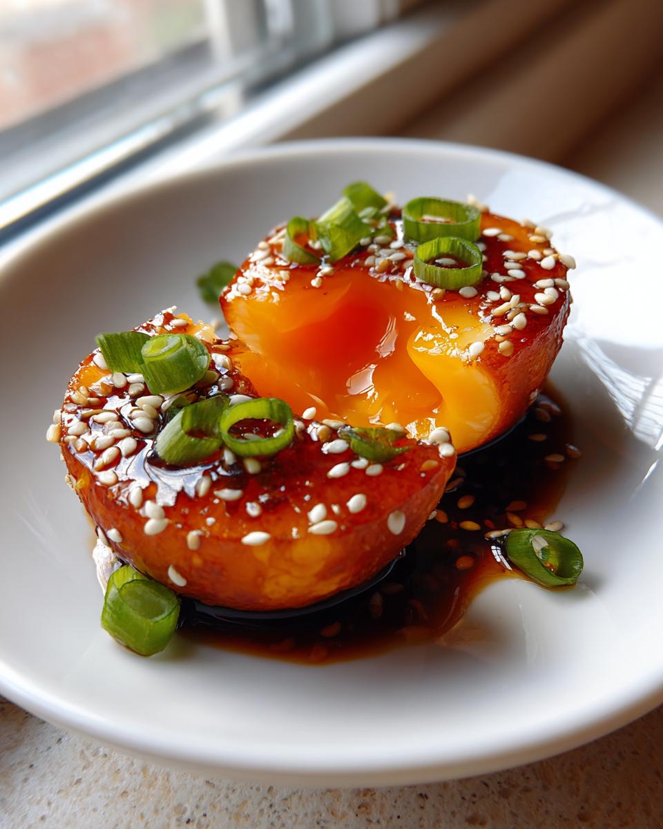 A halved marinated egg showing a jammy, bright orange yolk, drizzled with sauce and topped with sesame seeds and green onions.