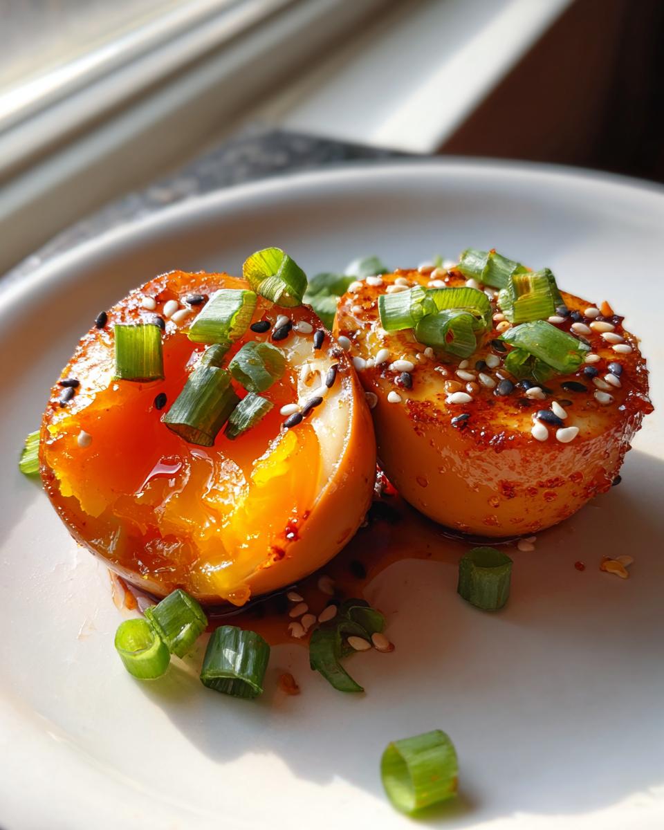 Two halves of soft-boiled marinated eggs showing jammy yolks, topped with sesame seeds and chopped green onions.