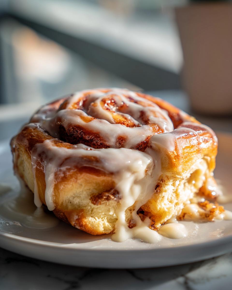 A close-up of a single, soft cinnamon roll generously topped with dripping white icing, perfect for cinnamon rolls with heavy cream recipes.