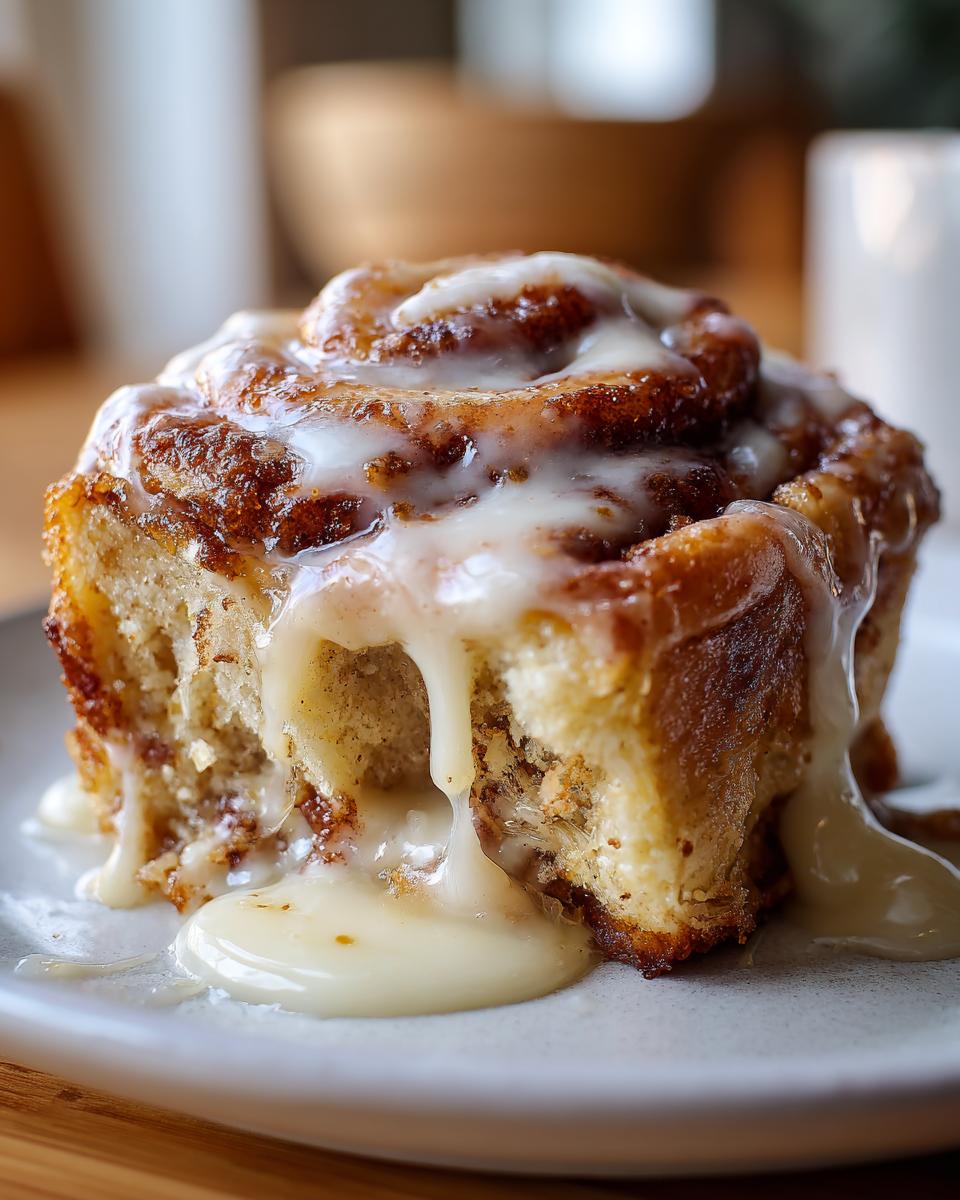 Close-up of a soft, gooey cinnamon roll with thick icing made with heavy cream dripping onto a plate.