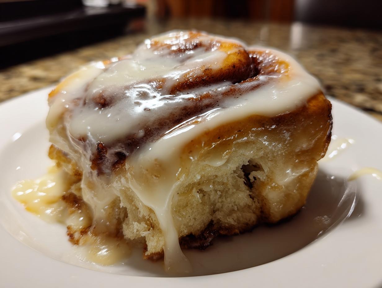 A close-up of a soft, gooey cinnamon roll generously topped with white icing made with heavy cream.