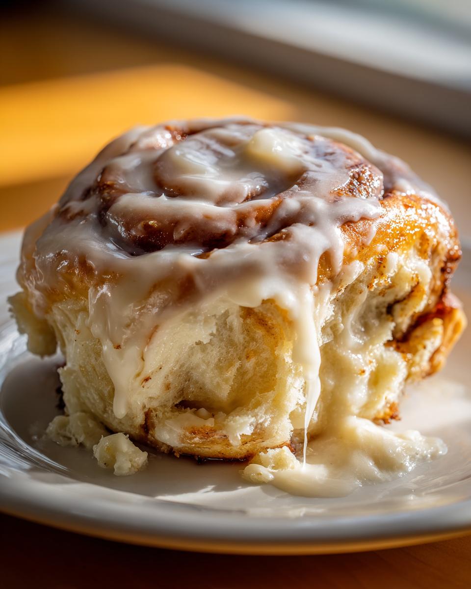 Close-up of a soft, gooey cinnamon roll with heavy cream icing dripping down the side onto a white plate.