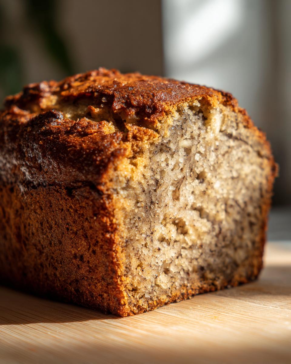 A close-up, sunlit view of a freshly baked sourdough banana bread loaf showing the moist, speckled interior texture.