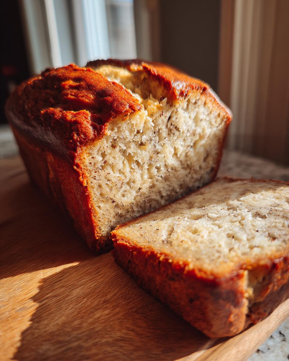 A close-up of a freshly baked sourdough banana bread loaf with one thick slice cut and resting beside it on a wooden board.
