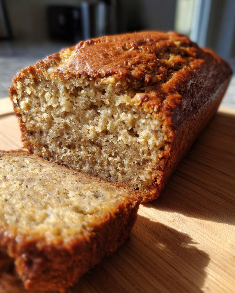 Close-up of a golden-brown sourdough banana bread loaf with one slice cut, resting on a wooden cutting board.