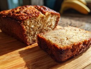 A close-up of a freshly baked sourdough banana bread loaf, partially sliced, showing its moist crumb texture.