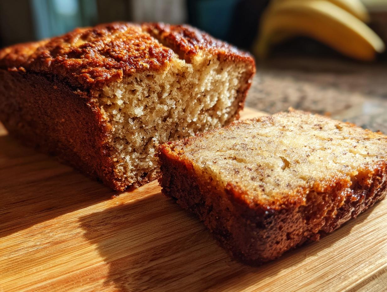 A close-up of a freshly baked sourdough banana bread loaf, partially sliced, showing its moist crumb texture.