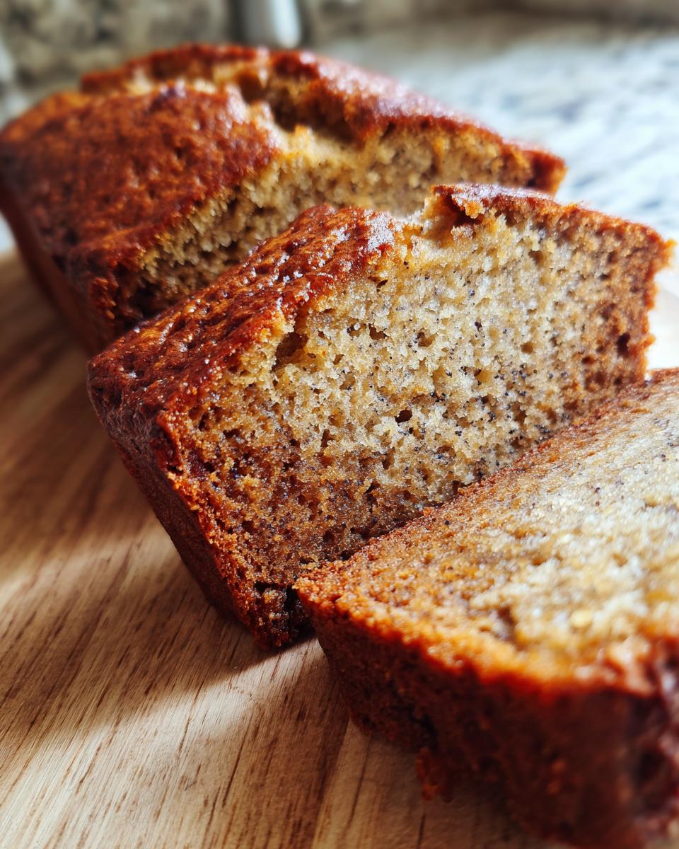 Close-up of moist, dark-crusted sourdough banana bread sliced on a wooden cutting board.