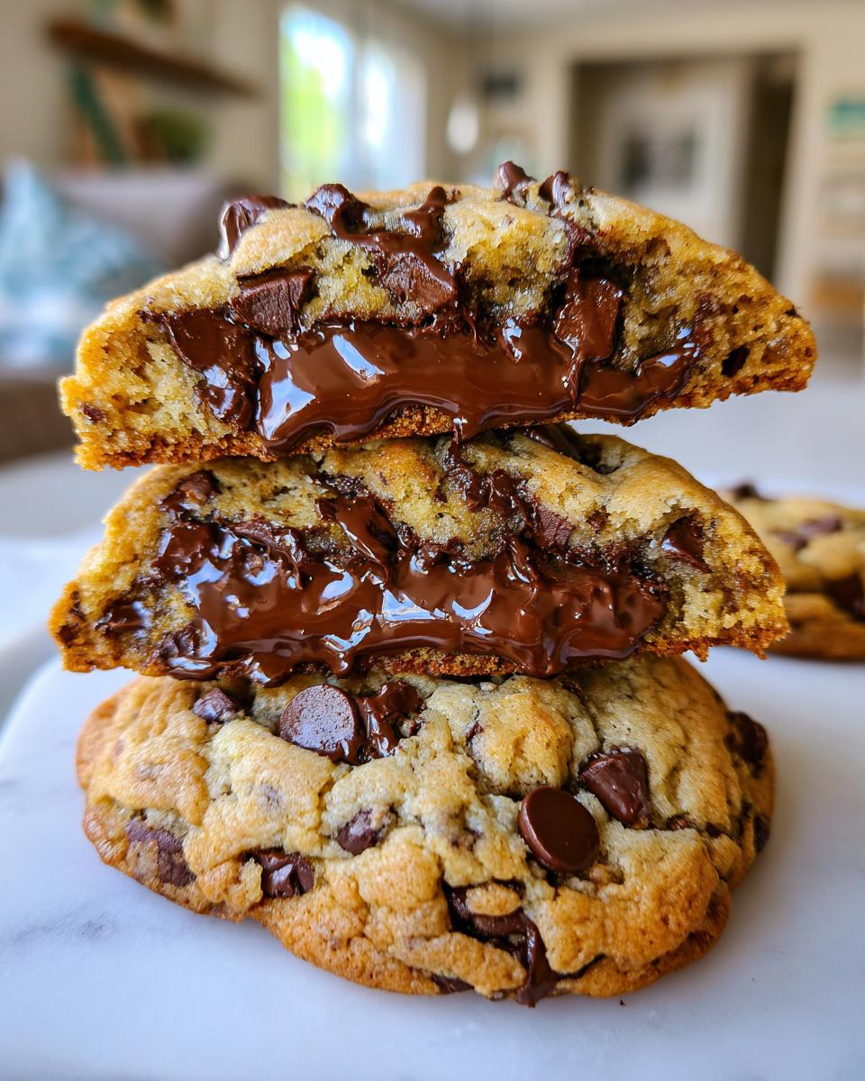 Close-up of three sourdough chocolate chip cookies stacked, showing a gooey, melted chocolate center.