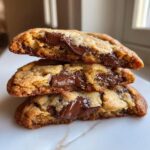 Close-up of three sourdough chocolate chip cookies stacked, showing gooey, melted chocolate centers.