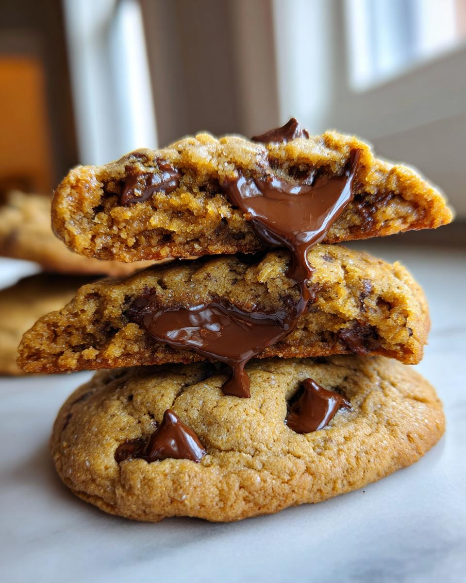 Close-up stack of three sourdough chocolate chip cookies, showing gooey melted chocolate dripping between the halves.