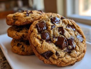 Close-up of a stack of three soft, chewy sourdough chocolate chip cookies loaded with melted chocolate chunks.