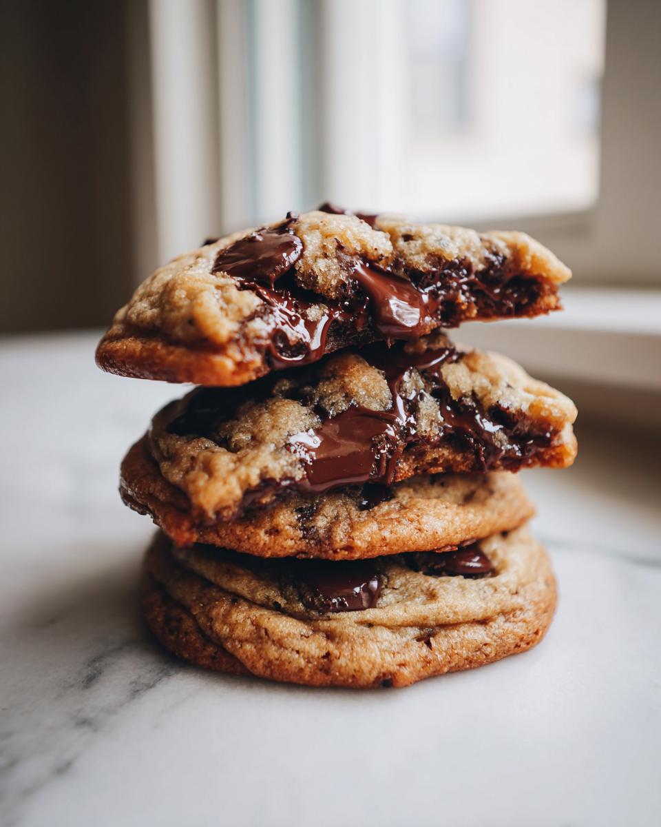 A stack of three gooey sourdough chocolate chip cookies, with the top one broken in half showing melted chocolate.