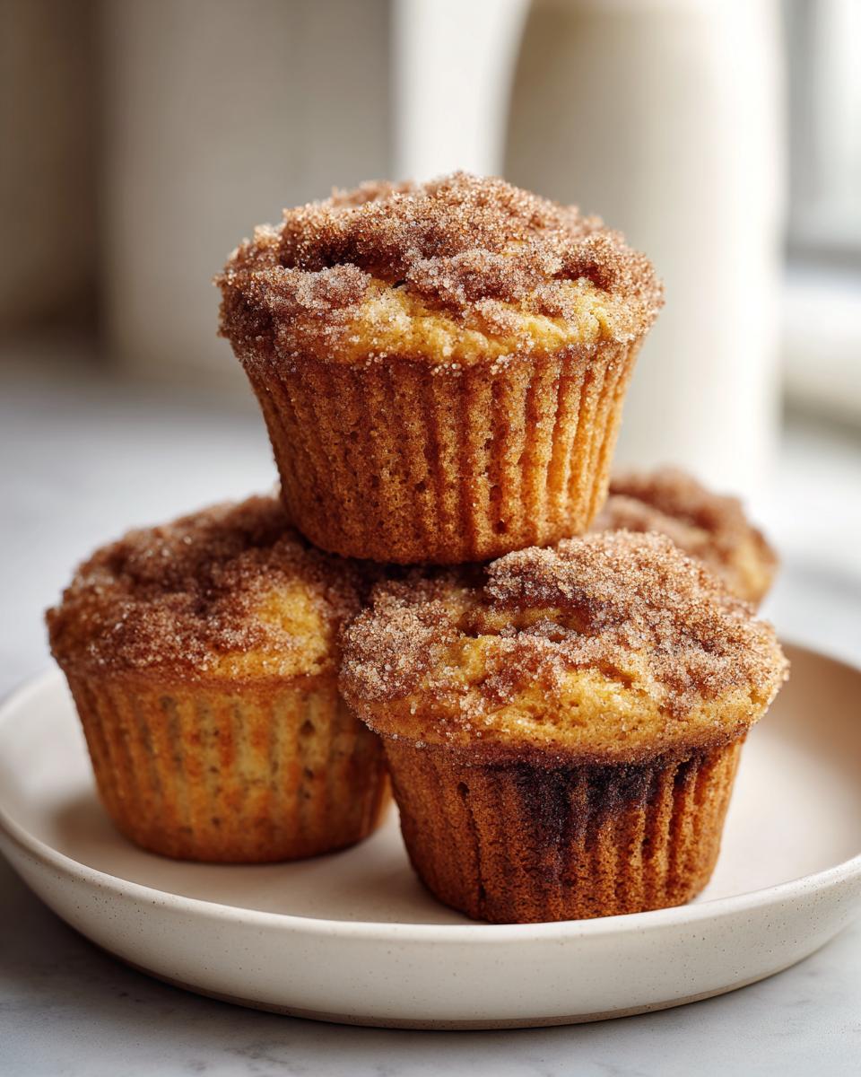 A stack of three golden sourdough discard banana muffins topped with a thick layer of cinnamon sugar.