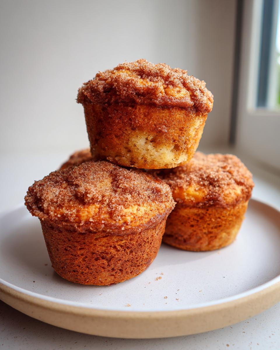 Three golden brown sourdough discard banana muffins stacked on a light plate, topped with cinnamon sugar.