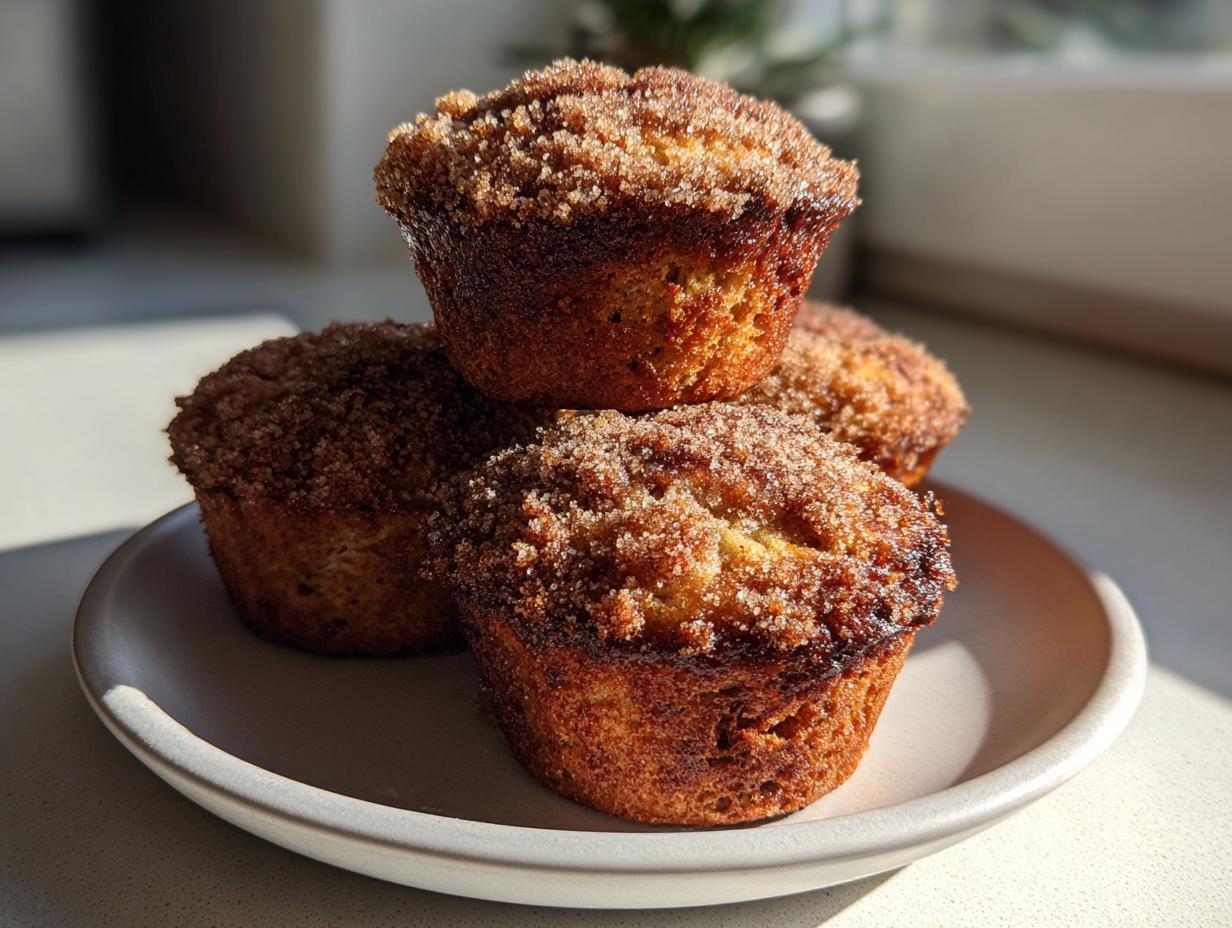 A stack of four golden brown sourdough discard banana muffins topped with a crunchy cinnamon sugar topping.