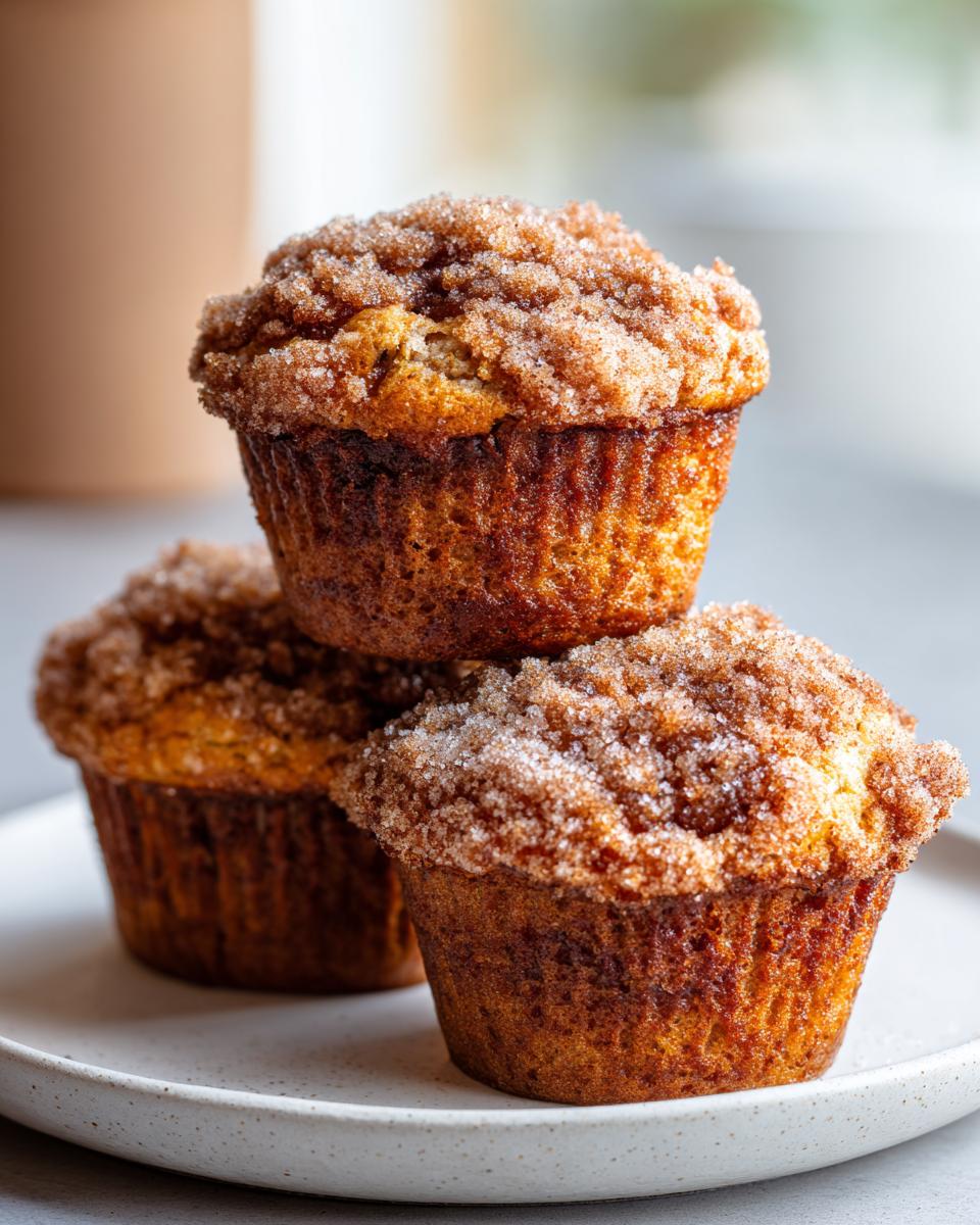 A stack of three golden brown sourdough discard banana muffins topped with a thick cinnamon sugar streusel.