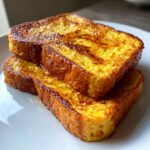 Two thick, golden-brown slices of sourdough french toast stacked on a white plate, glistening with syrup.