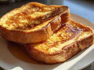 Two thick slices of golden brown sourdough french toast drizzled with syrup on a white plate.