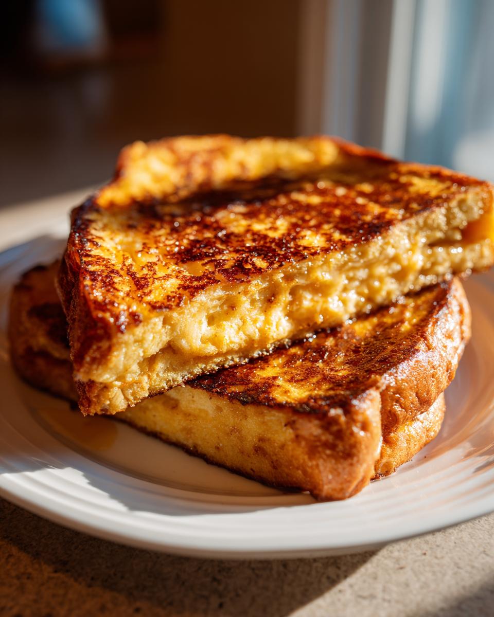 Two thick slices of golden brown sourdough french toast stacked on a white plate, glistening with syrup.