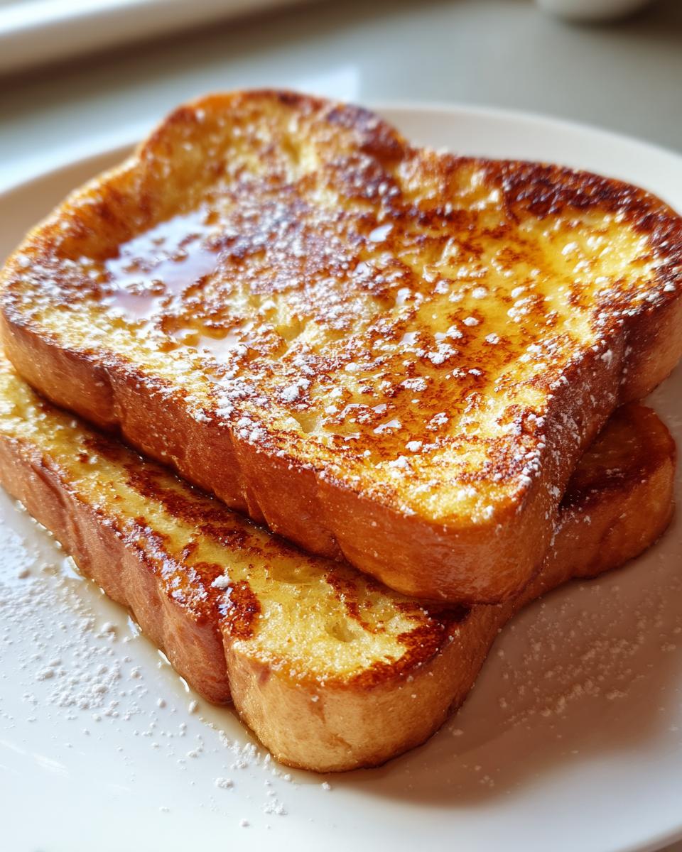 Close-up of two thick slices of golden brown sourdough french toast stacked and drizzled with syrup and powdered sugar.