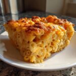 A close-up of a thick, golden slice of southern baked macaroni and cheese with a crispy, browned top.