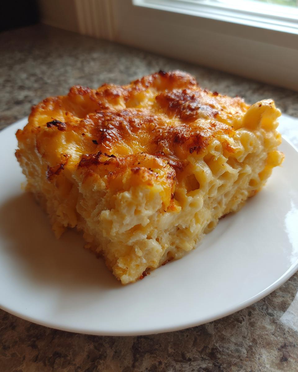 A square slice of creamy southern baked macaroni and cheese with a golden, bubbly cheese crust.