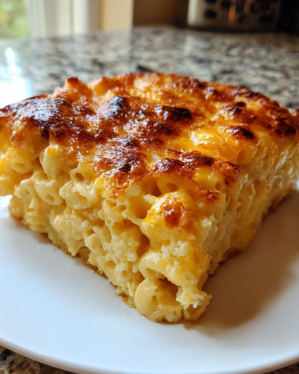 A thick, square slice of southern baked macaroni and cheese showing creamy interior and a deeply browned, cheesy crust.