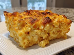 A thick, creamy slice of southern baked macaroni and cheese with a golden-brown, slightly charred top.