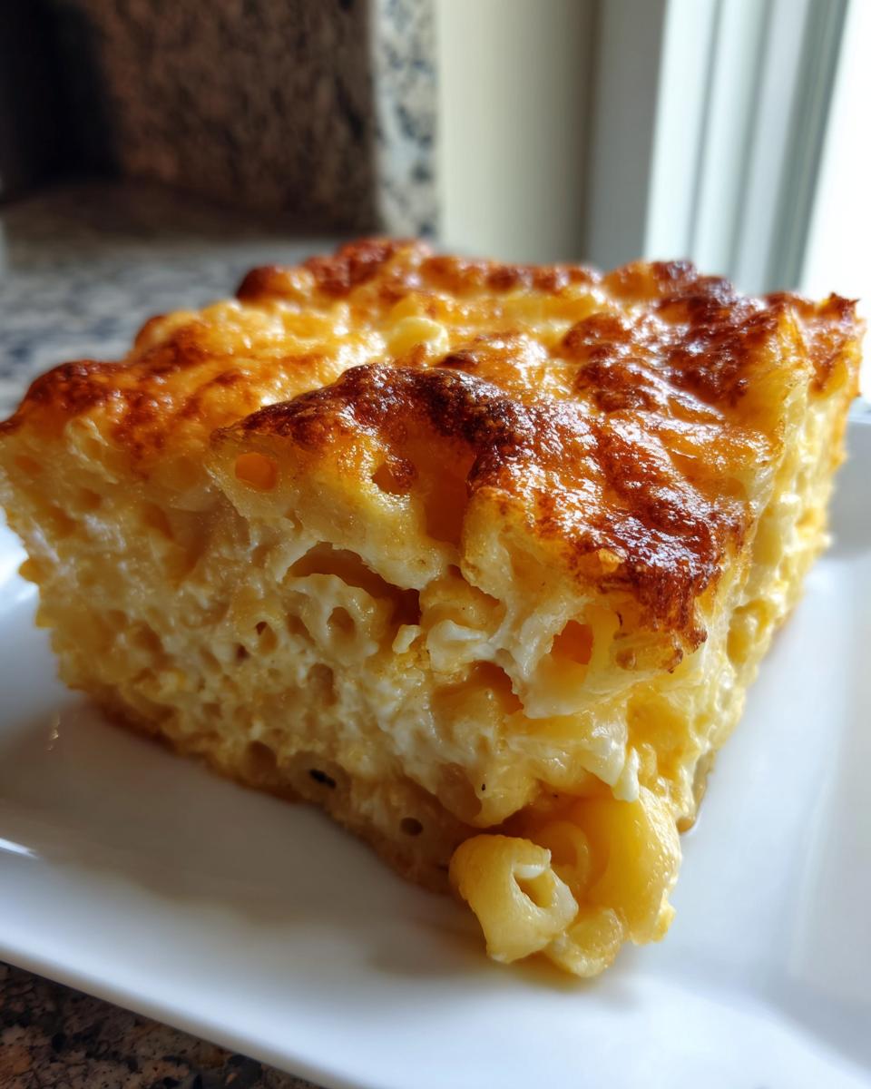 A close-up of a perfectly baked square slice of southern baked macaroni and cheese showing creamy interior and browned cheese crust.