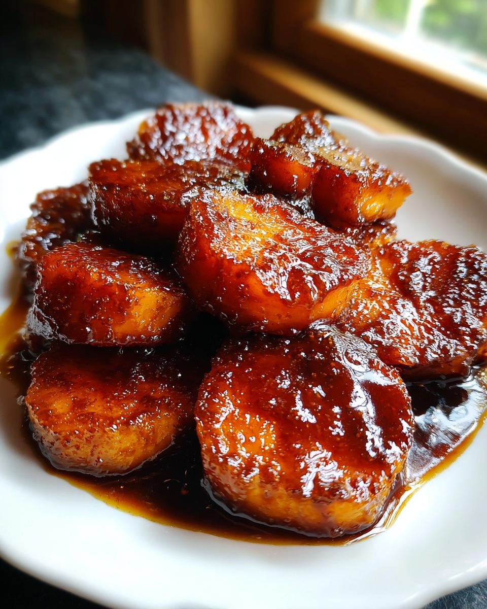 Close-up of thick-cut southern candied yams glistening with a rich, dark brown sugary glaze served on a white plate.