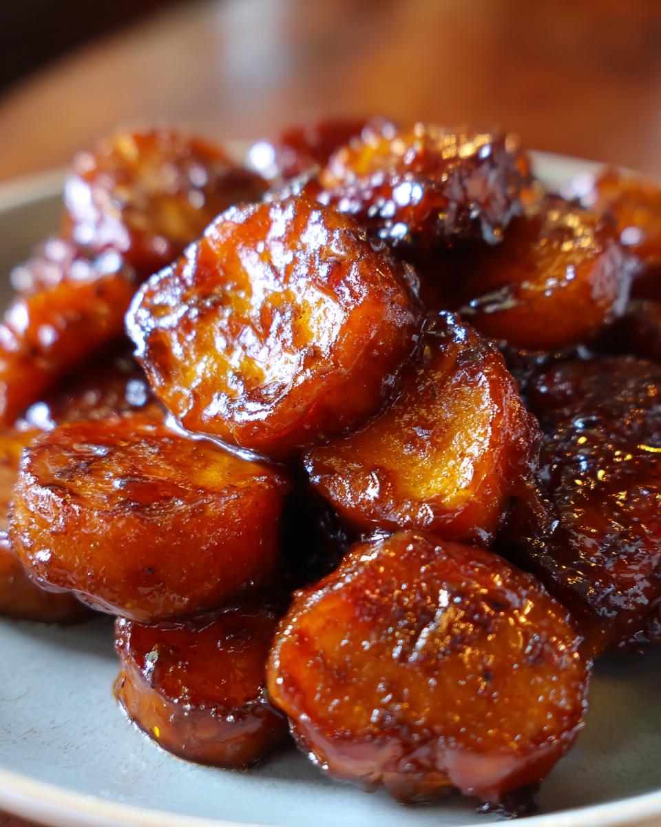 Close-up of thick-cut, glossy southern candied yams coated in a rich, dark brown sugar glaze.