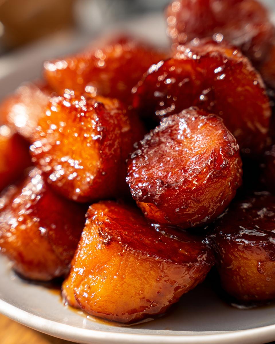 Close-up of rich, glossy pieces of southern candied yams coated in a thick, dark syrup.