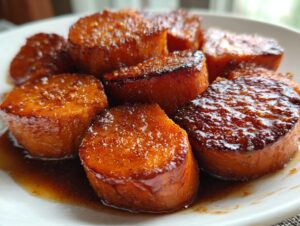 Close-up of thick-cut, glazed southern candied yams sitting in a rich, dark syrup on a white plate.