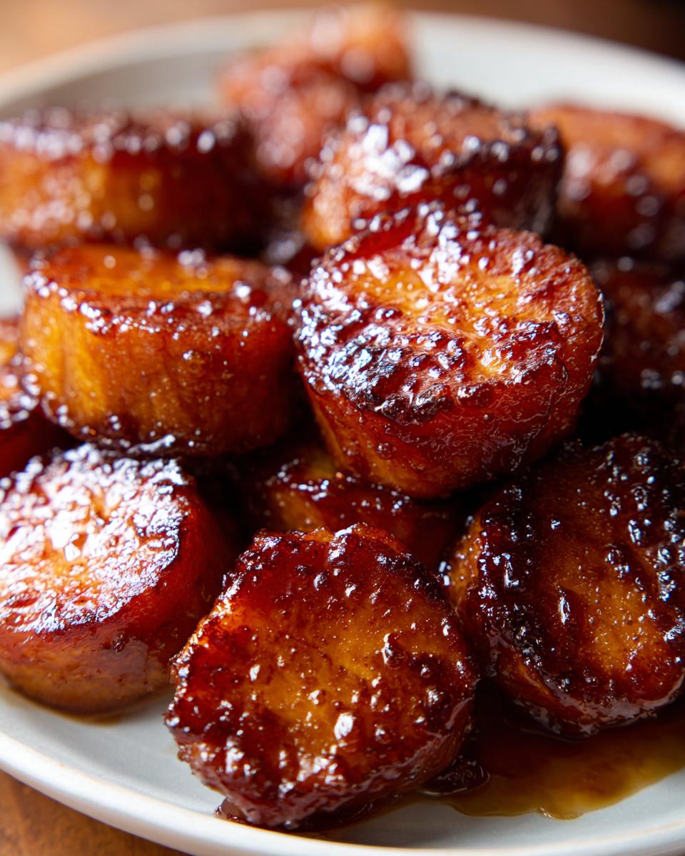 Close-up of thick, round slices of southern candied yams coated in a rich, dark brown sugary glaze.