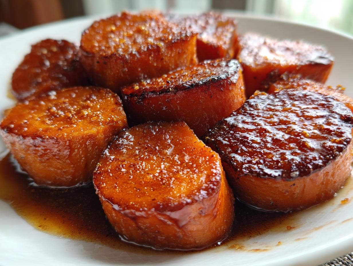 Close-up of thick-cut, glazed southern candied yams sitting in a rich, dark syrup on a white plate.