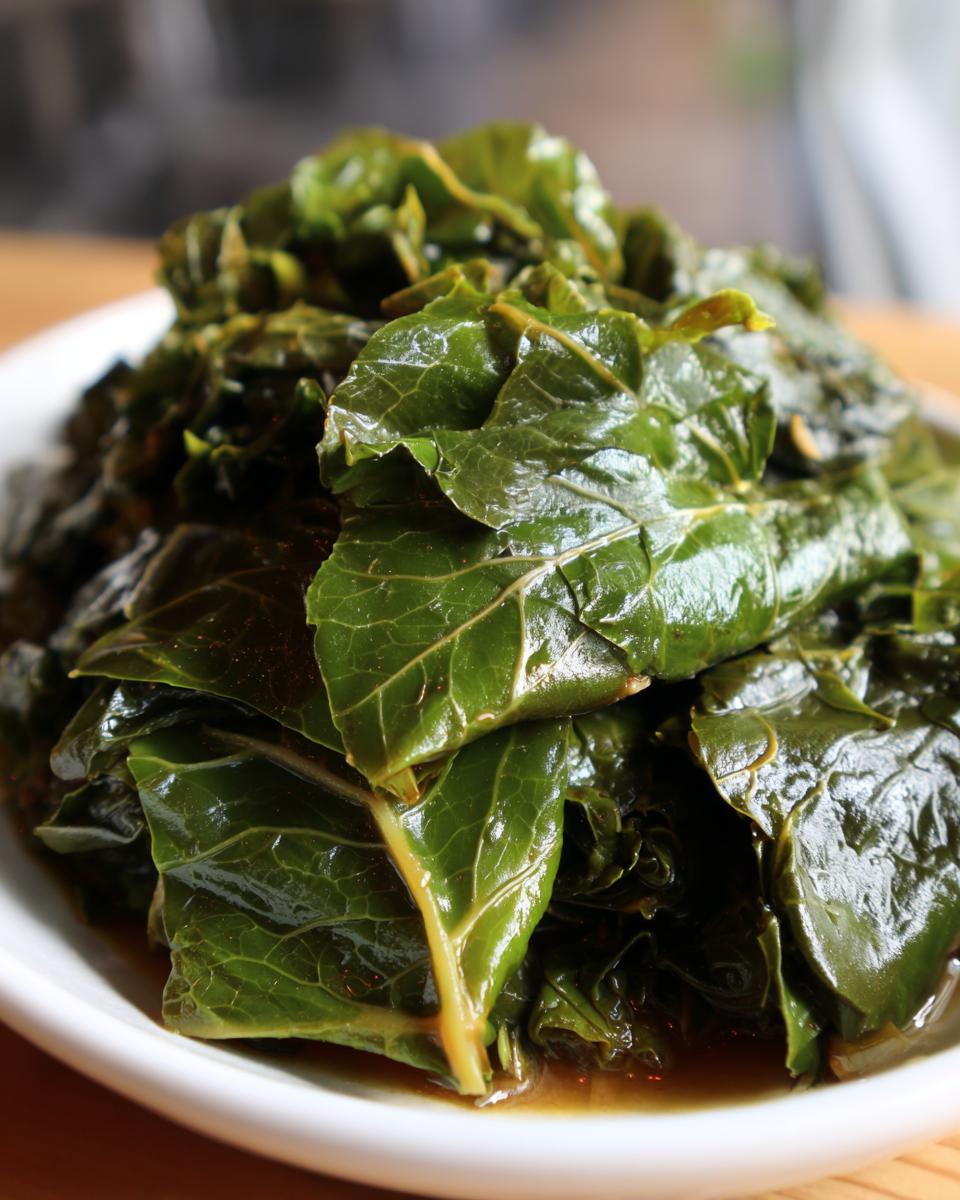 Close-up of tender, dark green collard greens served in a white bowl with savory pot liquor.