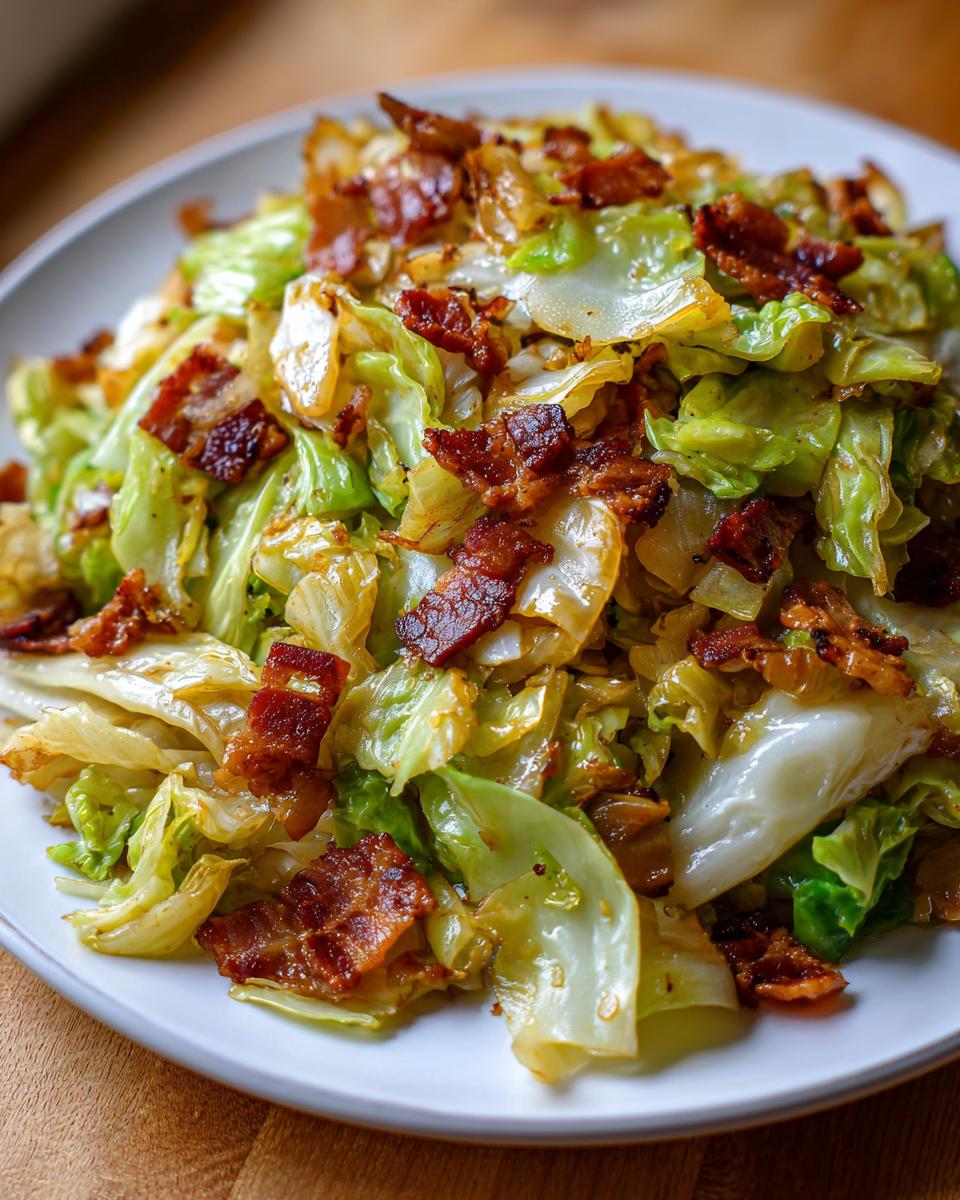 Close-up of Southern Fried Cabbage recipe served on a white plate, topped generously with crispy bacon pieces.