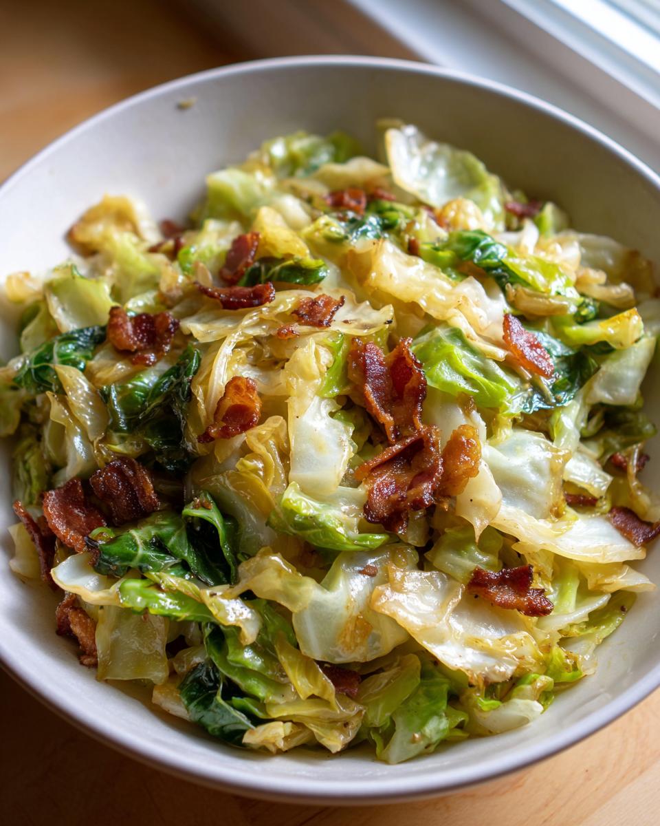 Close-up of a bowl filled with Southern Fried Cabbage recipe, featuring tender, sautéed cabbage mixed with crispy bacon pieces.