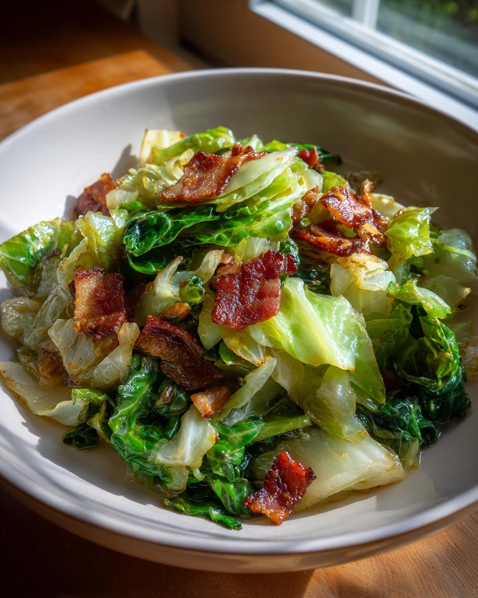 A close-up of Southern Fried Cabbage recipe, featuring sautéed green cabbage mixed with pieces of crispy bacon.