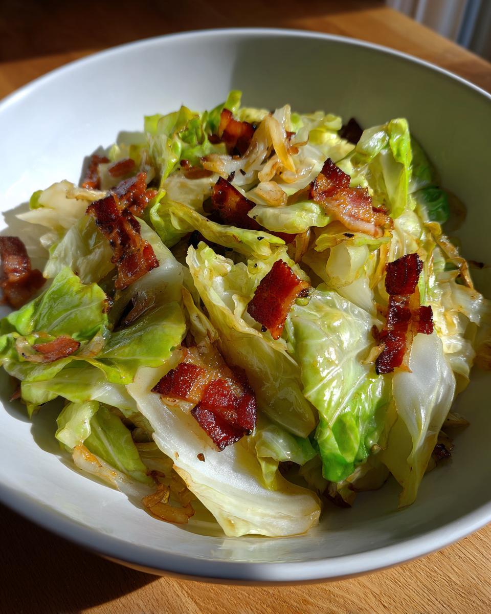 Close-up of Southern Fried Cabbage recipe served in a white bowl, topped with crispy bacon.