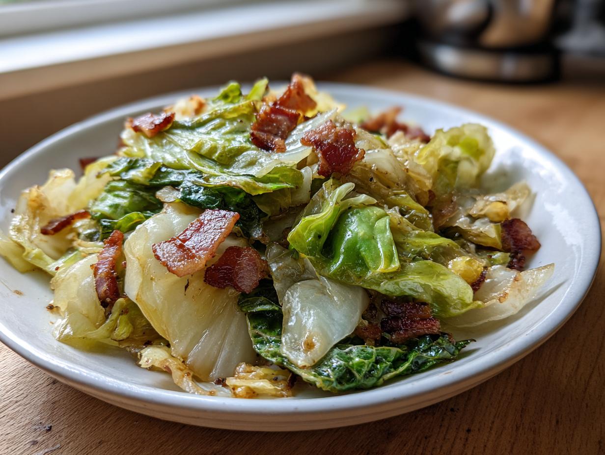 A white bowl filled with Southern Fried Cabbage recipe pieces mixed with crispy bacon bits, ready to eat.