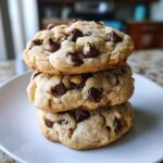 A stack of three thick, chewy cream cheese chocolate chip cookies loaded with melted chocolate chips.