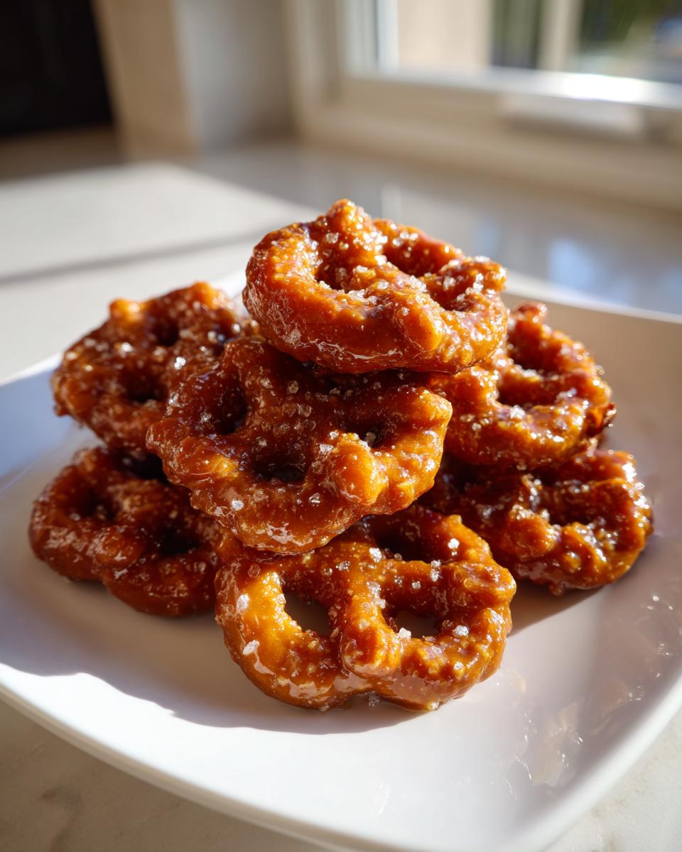 A stack of shiny, glazed toffee pretzels sprinkled with coarse salt, beautifully lit by natural light.