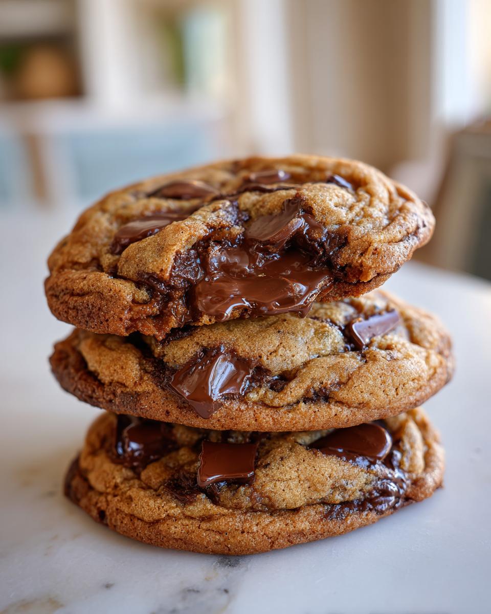 A stack of three thick, chewy sourdough chocolate chip cookies with melted chocolate centers.