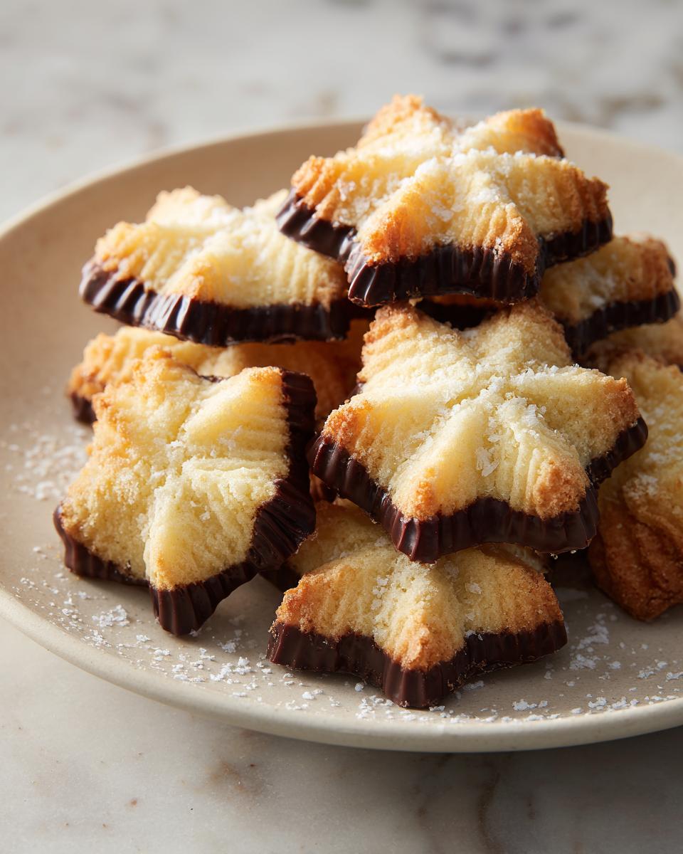 A stack of star-shaped Italian butter cookies, lightly toasted and dipped in dark chocolate on a beige plate.