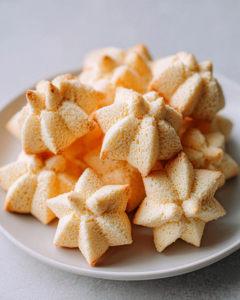A close-up pile of light, star-shaped whipped shortbread cookies stacked on a pale gray plate.