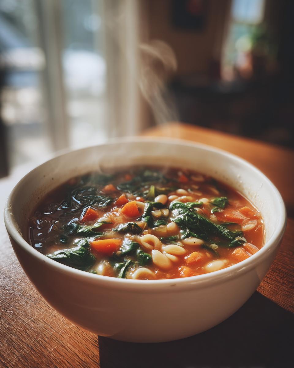 Close-up of a steaming white bowl filled with rich minestrone soup containing carrots, spinach, and small pasta shapes.