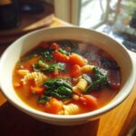 Close-up of a steaming bowl of minestrone soup filled with tomatoes, spinach, carrots, and rotini pasta.
