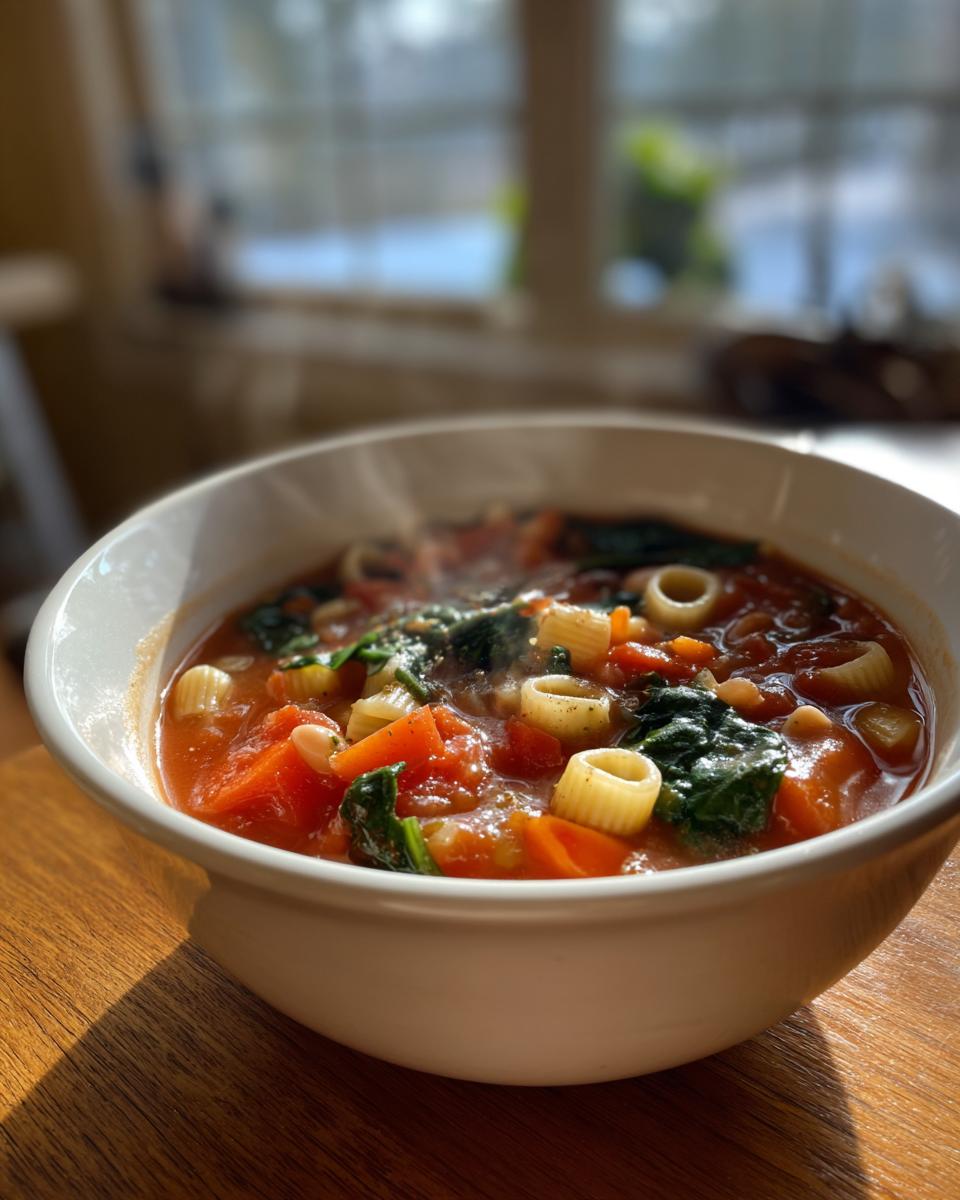 Close-up of a steaming white bowl filled with vibrant minestrone soup, featuring pasta, spinach, and tomatoes, set on a sunlit wooden surface.